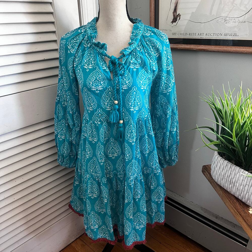 Tuckernuck Dress XS Blue Mini Lantern Block Print Fringe Cover Up Coastal Resort